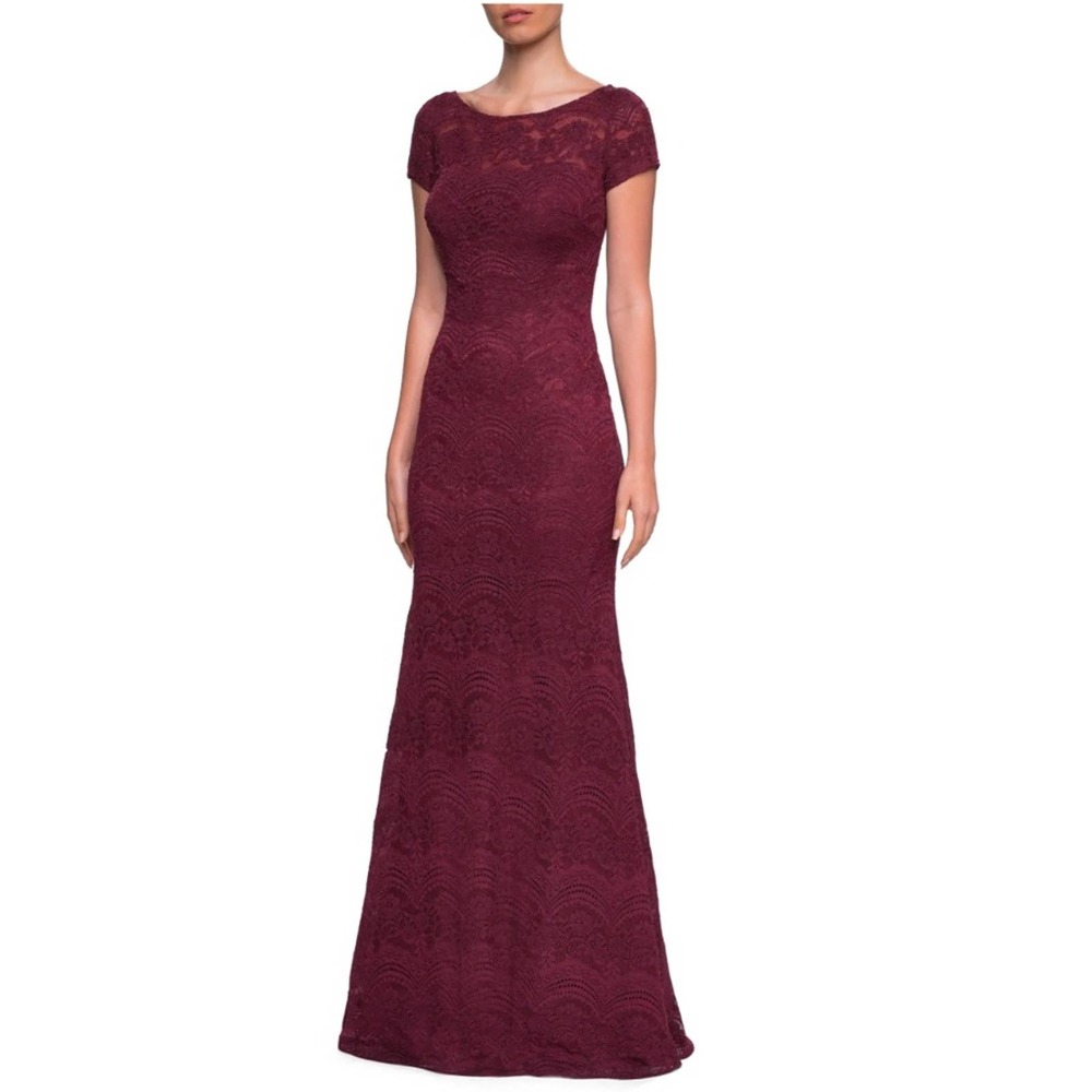 La Femme Lace Trumpet Gown in Garnet
